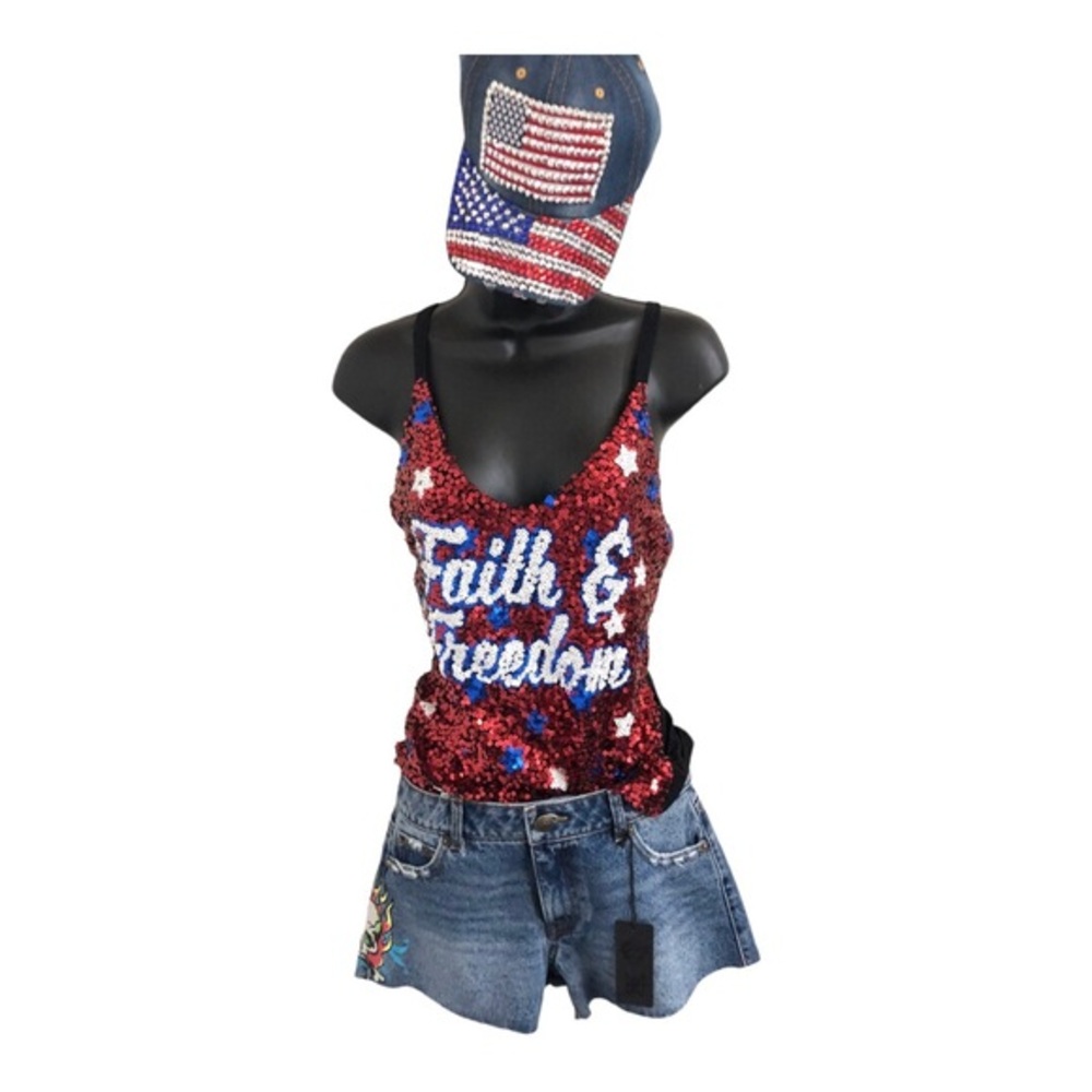 Red white & blue stars ‘Faith & Freedom’ black stretch tank top size large nee
